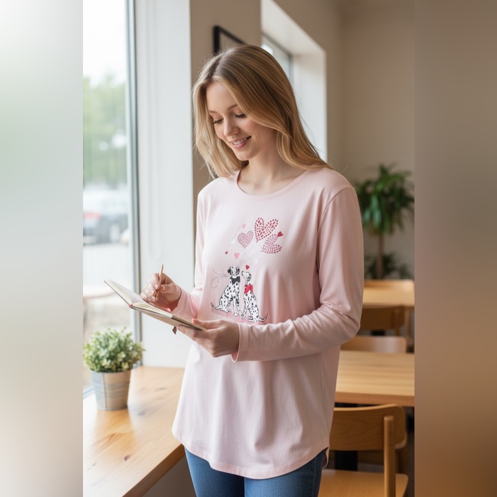 Karen Scott cream sweater Top with Dalmatians holding heart balloons